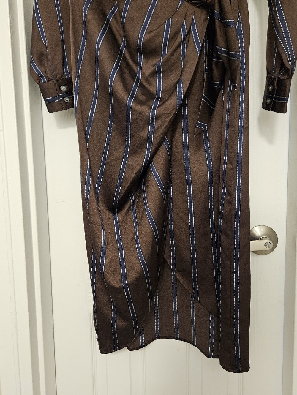 LOFT Brown Wrap Midi Dress with Blue Pinstripes - Picture 5 of 7